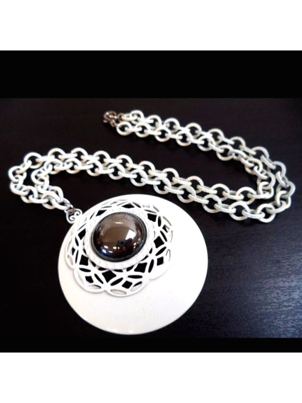 *RARE* VINTAGE  SIGNED HOBE WHITE ENAMEL & HEMATITE 18" NECKLACE